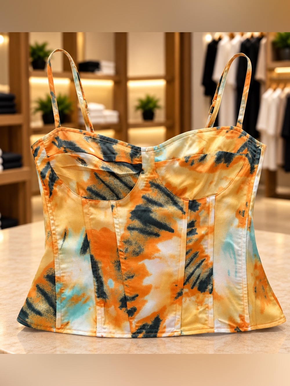 PrettyLittleThing Orange Tie Dye Print Structured Corset Top Structured Corset